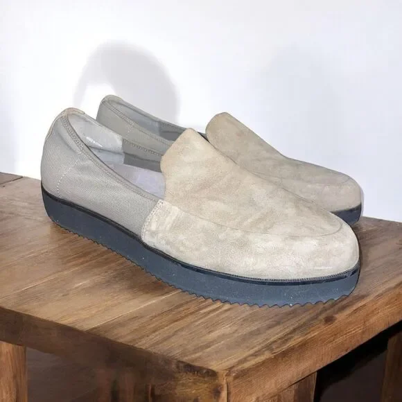 Eileen Fisher 9.5 Dell Suede and Mesh Platform Slip-On Taupe Loafers - Picture 1 of 6